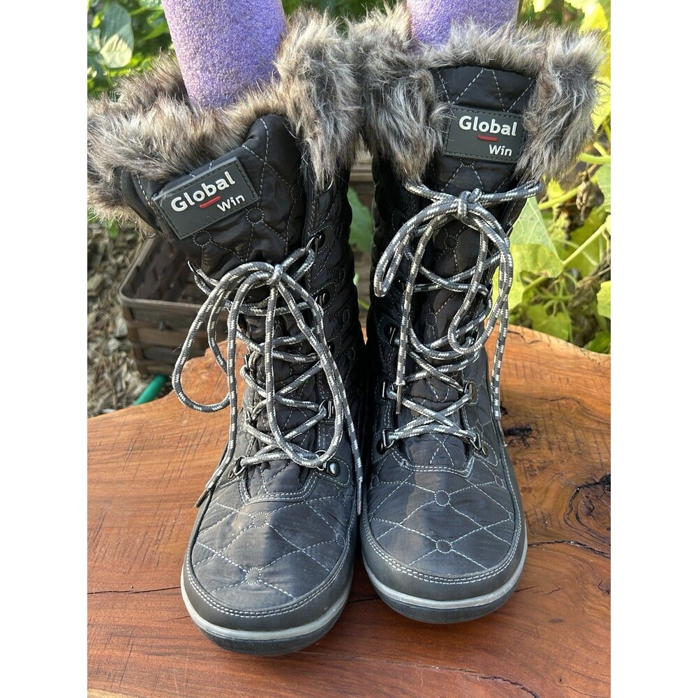 Global Win Winter Snow Boots Women's Size 9 Grey Waterproof faux-fur trim Lace